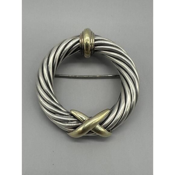 David Yurman 14K Yellow Gold 585 & Sterling Silver 925 Cable Circle Brooch Pin - Picture 1 of 9